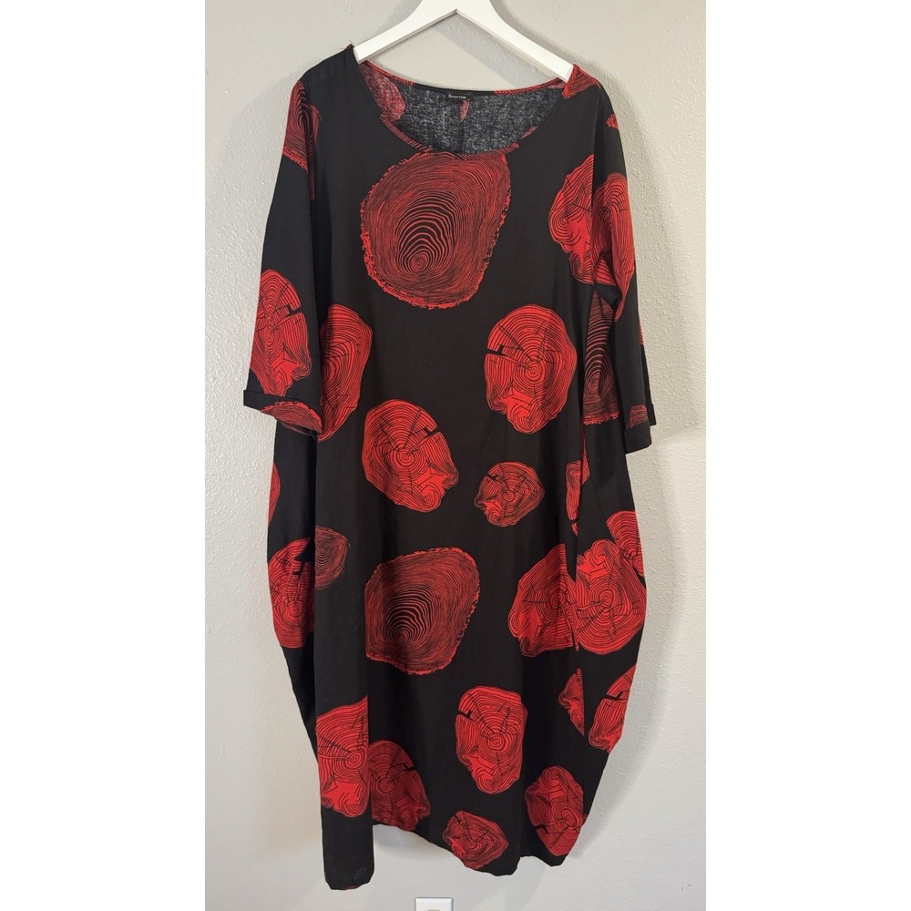 Lagenlook Black Red Cotton Cocoon Balloon Dress Artsy Avant Garde XL - Picture 3 of 6